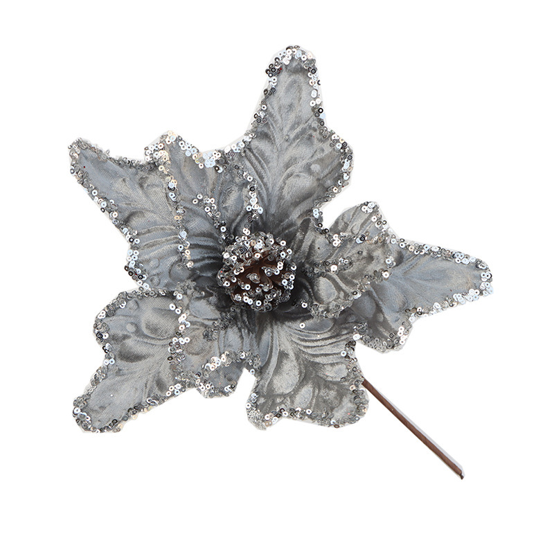 クリスマスアクセサリー銀色の花の頭のクリスマスの葉の挿し木白いクリスマスの花の粉のクリスマスの花のスパンコール|undefined