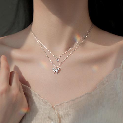 Butterfly double-layer necklace women's niche design temperament silver-plated jewelry ins cold style clavicle chain