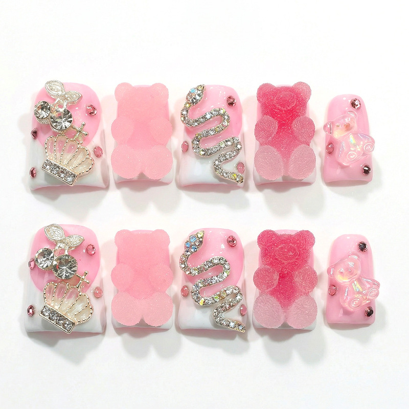 10Pcs Short Duckbill Luminous Sugar Bear Nails with Colorful Rhinestones, Export to Europe and America, Pure Handmade Press-On Fake Nails Wholesale