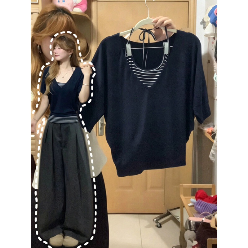 Retro Navy Blue Mid-Sleeve T-Shirt for Women, Summer Korean Style, Casual Slim-Fit Design with Striped Bottom Tank Top, Two-Piece Set Retro Navy Blue Mid-Sleeve T-Shirt for Women, Summer Korean Style, Casual Slim-Fit Design with Striped Bottom Tank Top, Two-Piece Set