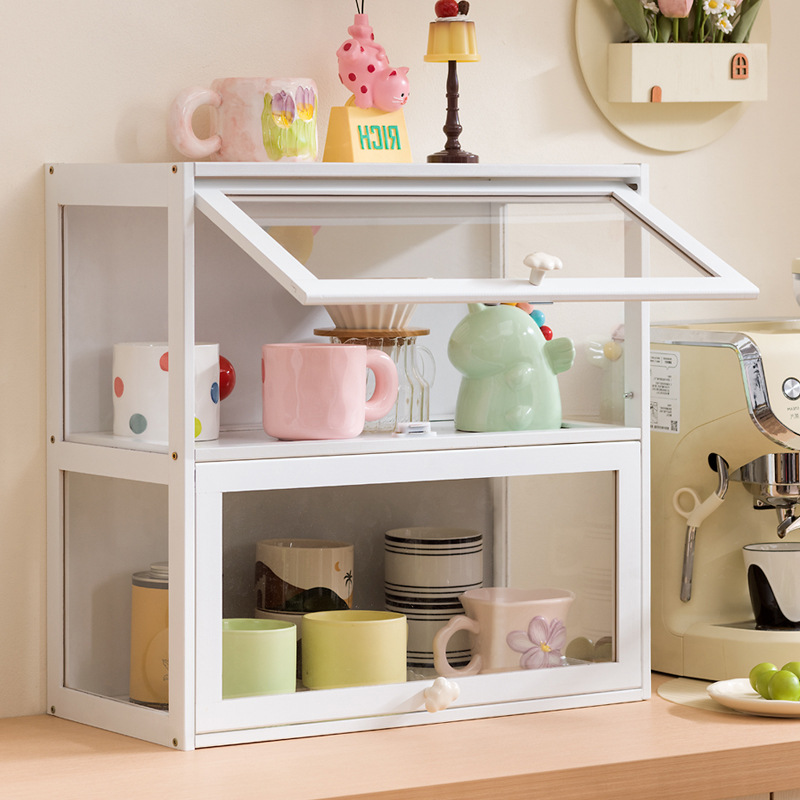 New Desktop Water Cup Storage Cabinet Coffee Glass Cup Mug Layered Sliding Door Dust-Proof Sealed Storage Rack