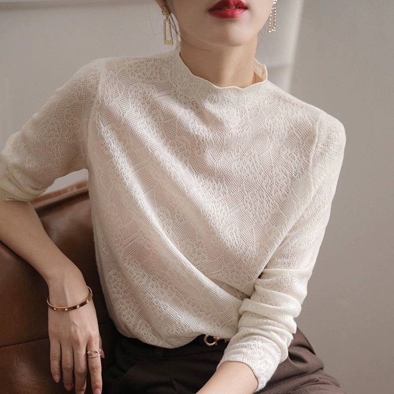 Fashionable Versatile Jacquard Hollow-Out Thin Faux Cashmere Knit Sweater for Women, Spring and Autumn, Half-High Collar, Lace Trim, Elegant Wool Base Layer