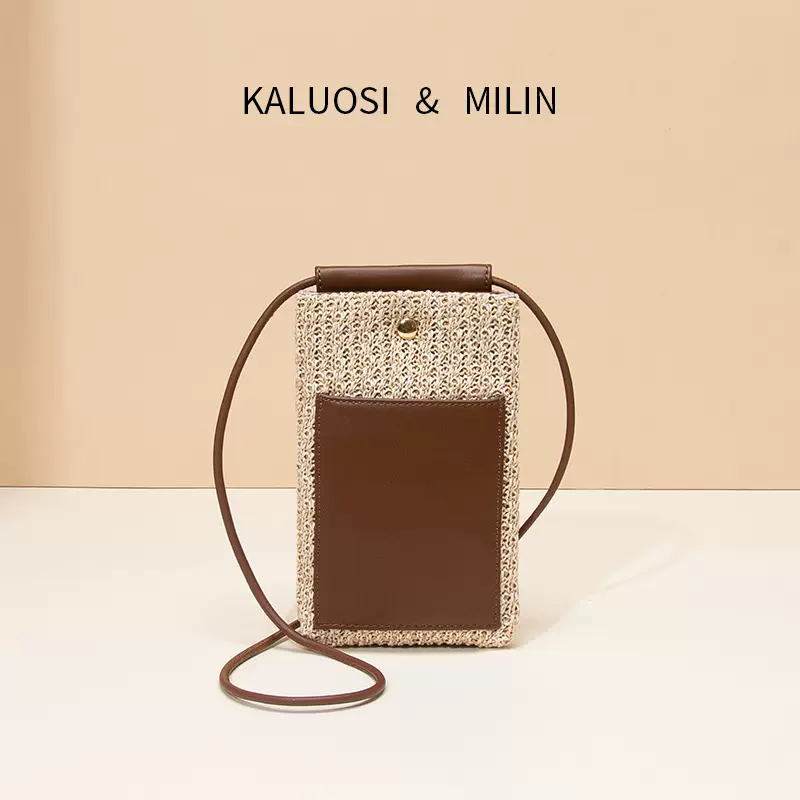 法式小众草编手机包撞色拼接高级感度假风单肩斜挎手机包迷你包包