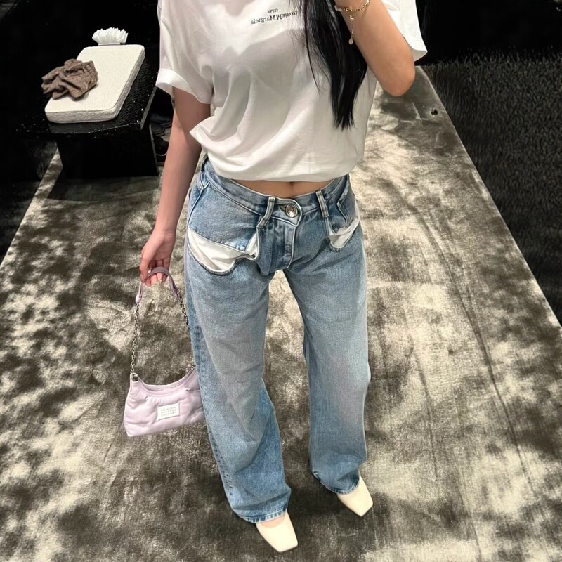 26 Spring/Summer Quality Design Malala Washed Blue Large Pocket Design Loose Straight-Leg Jeans for Women