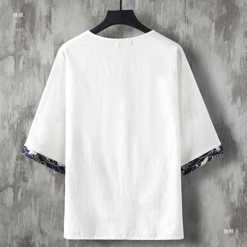 Summer Chinese-style Cotton and Linen Short Sleeve T-shirt for Men with Crane Embroidery, Linen Buttonholes, V-neck Top