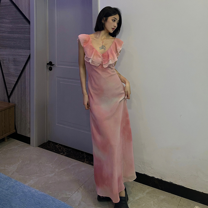 Pure Desire Style Smudged Lotus Leaf Collar Backless Long Dress for Women, Slim Fit and Flattering Fishtail Draped Flowing Long Dress