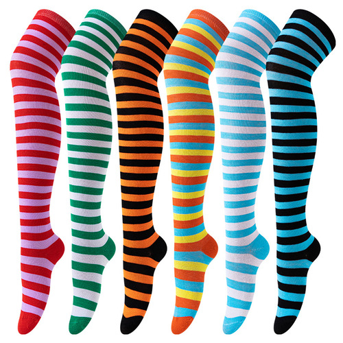 Cross-border European and American-style women's long striped solid-color polyester-cotton over-knee thigh-high socks for COSPLAY anime-themed women's socks