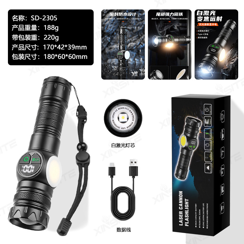 Nuevo láser blanco transfronterizo + linterna COB carga al aire libre zoom con lámpara lateral magnetismo trabajo linterna de luz intensa
