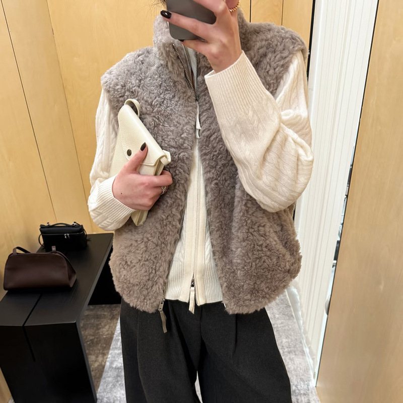 Real Wool All-Wool 2025 Winter New Style Stand-Up Collar Suede Fur All-In-One Loose Vest Layered Top Fur