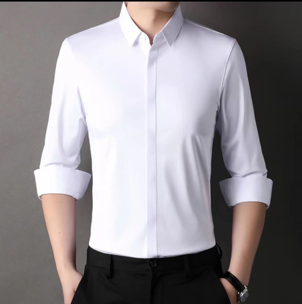 Otoño nuevos hombres de manga larga camisa tapeta oscura camisa de negocios sin costuras anti-arrugas de planchado-libre de alta elasticidad de una sola pieza de entrega
