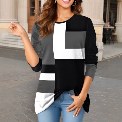 New European and American women's clothing: New Wish geometric color-block long-sleeved T-shirt
