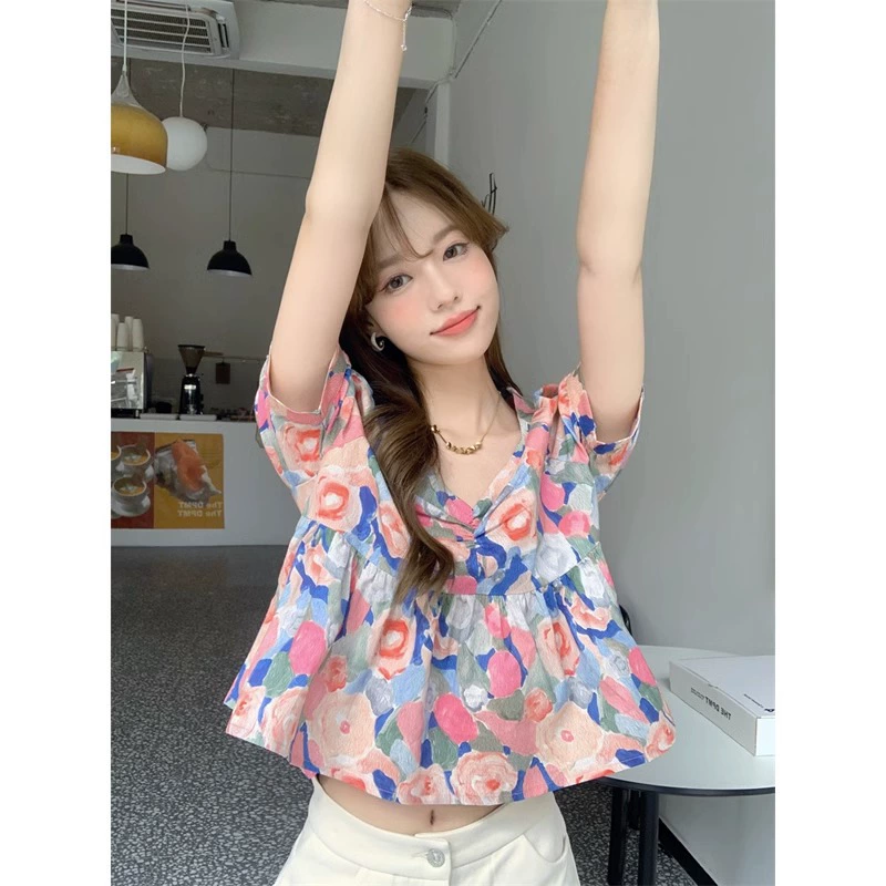 Оригинальное мастерство] Цветочная рубашка дизайн смысл ниша Женская одежда лето 2024 НОВЫЙ свободный Уникальный Шикарный топ