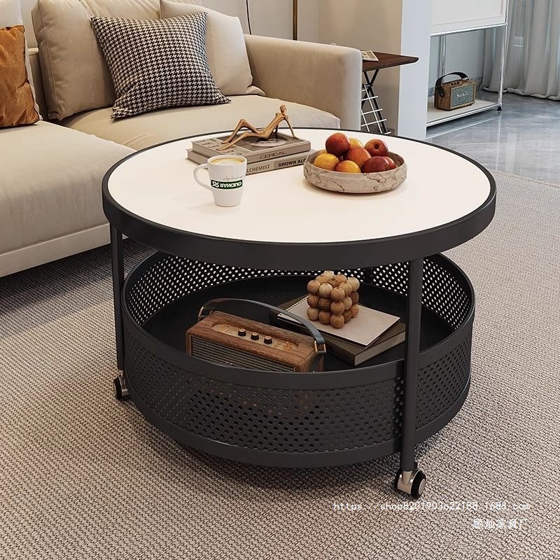 Nordic-style rock slab round table coffee table for living room, home use, with wheels, double-layer storage, modern minimalist movable small coffee table