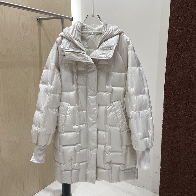 2024 Winter Fashion Thick Adhesive Removable Knitted Hat Long Down Jacket Women's Winter Warm Coat Fashion