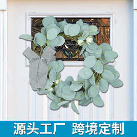跨境新品浅蓝尤加利叶白荷条纹蝴蝶结花环 160