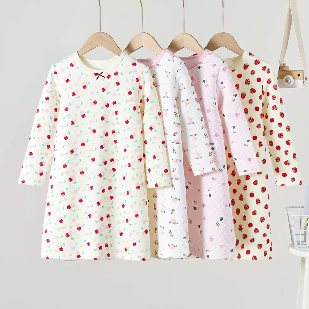 儿童睡裙秋冬空气棉加厚款 女童家居服长袖夹棉睡裙女宝宝睡衣