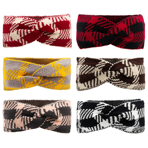 Cross-border bow plaid acrylic wool headband elastic yoga sports headscarf hair accessories ear protection warm European and American