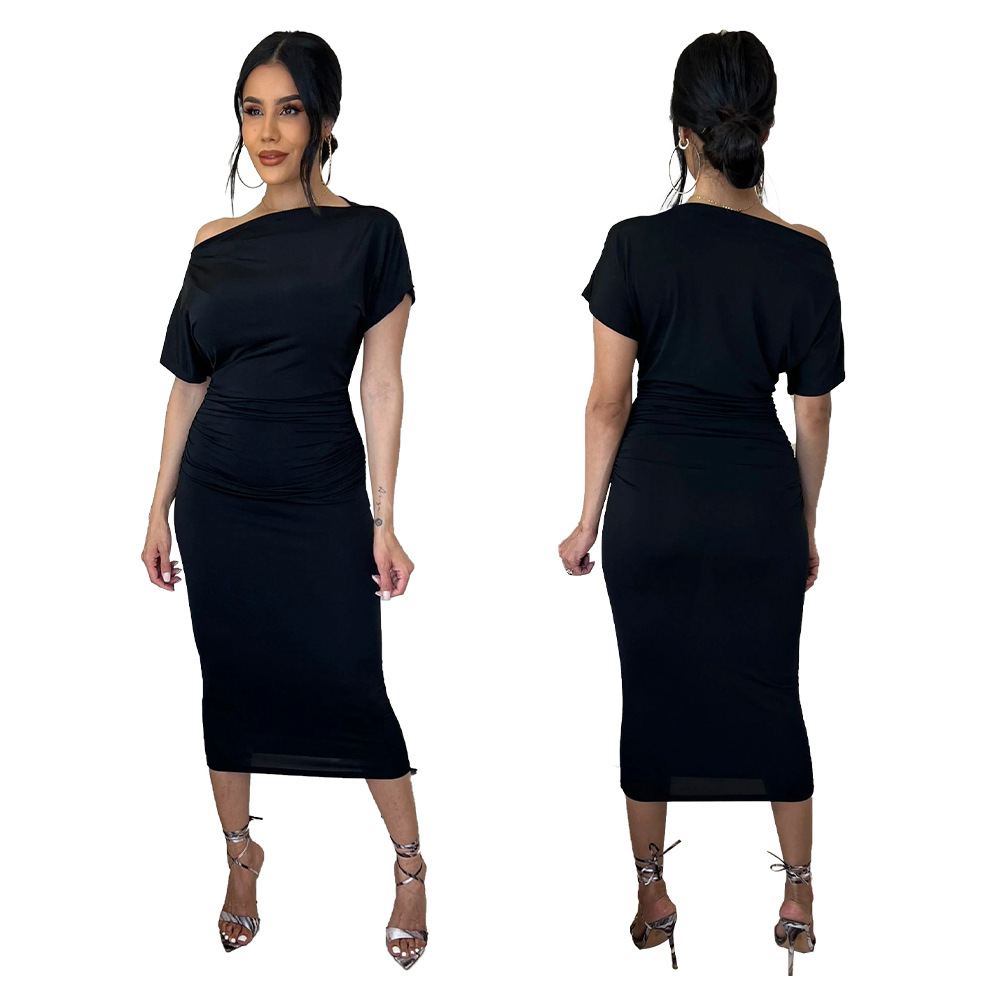 Women Clothing Popular Solid Color Pleated Slim-Fit Oblique Shoulder Dress 20 Women Clothing Popular Solid Color Pleated Slim-Fit Oblique Shoulder Dress