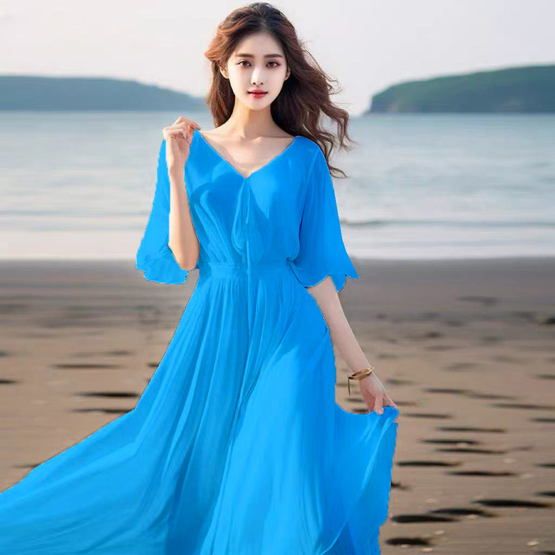 2025 New Summer Style Chiffon Covering the Flesh and Slimming to the Ankle Vacation Beach White Mid-Length Dress for Women