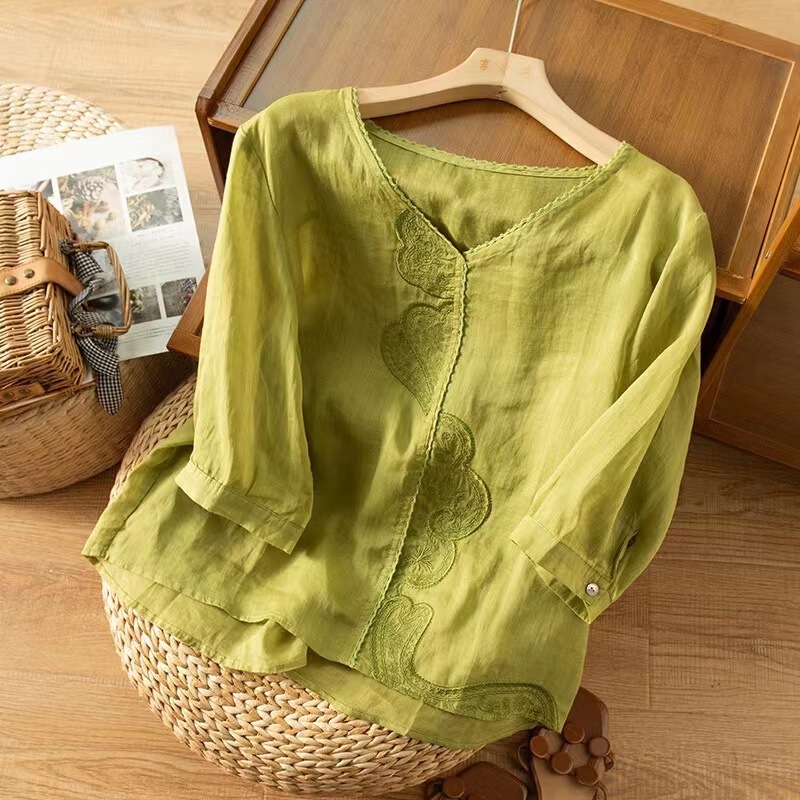 Three-Quarter Sleeve Embroidered Ramie Shirt, Artistic Retro Loose-Fitting Japanese-Style Cotton-Linen Women's Top, 2026 Spring-Summer New Model Three-Quarter Sleeve Embroidered Ramie Shirt, Artistic Retro Loose-Fitting Japanese-Style Cotton-Linen Women's Top, 2026 Spring-Summer New Model