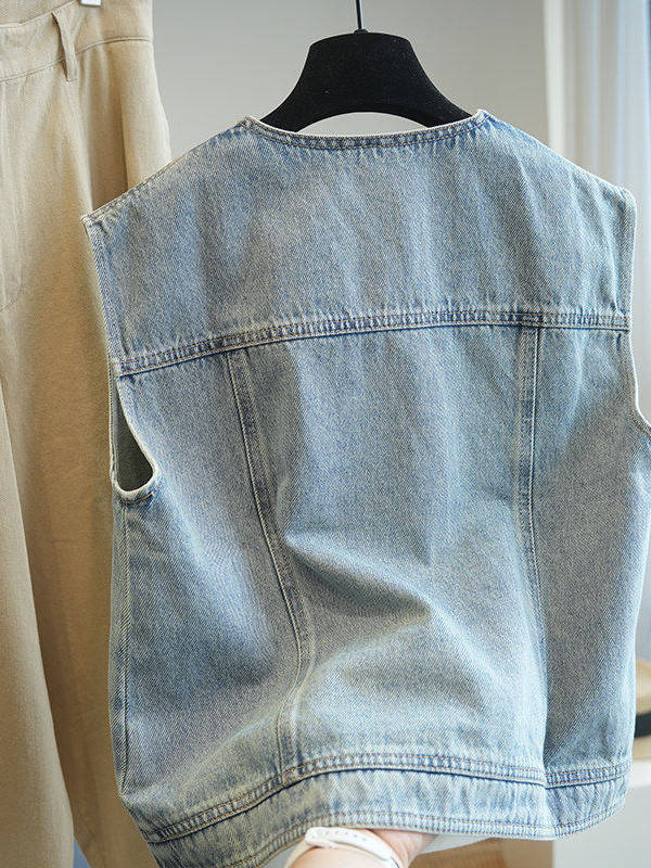 Áo vest gile denim nữ phong cách vintage thêu họa tiết — màu xanh nhạt