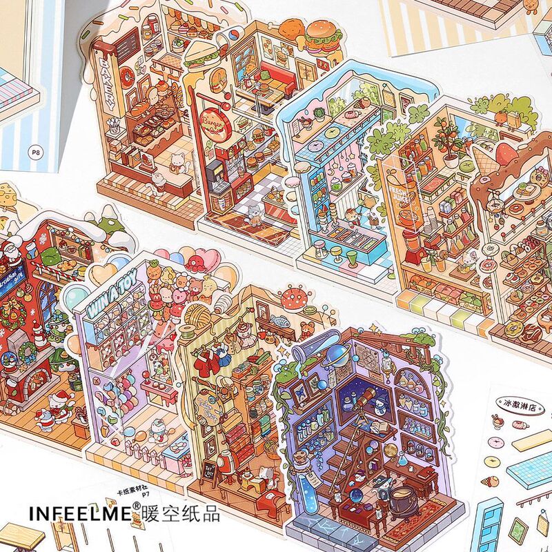 Infeel.Me 本日営業中 Meow Meow ショップ シリーズ 2.5D 風景ステッカー DIY キャビン シーン デコレーション|undefined