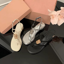 仙女风~金属扣圆头凉鞋女粗跟中跟低跟高跟鞋夏季时尚细带度假海
