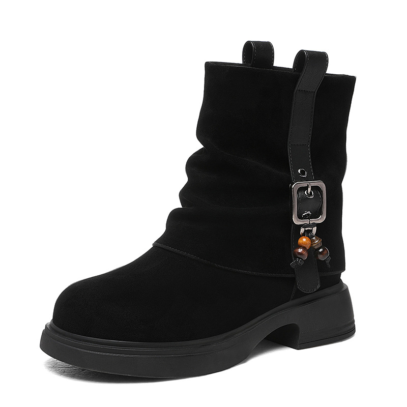 Cotton-padded Shoes With Fleece, 2025 New Autumn And Winter Maillard Tassel Short Boots, Retro Mid-calf Martin Boots, Stacked Knight Boots_vogvips.com