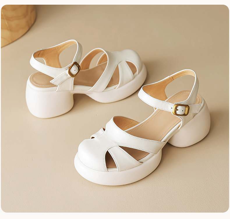 Sandal gót thô da cừu bít mũi phong cách La Mã đế dày quai ngang hở gót — Màu vàng ngỗng chi tiết 22