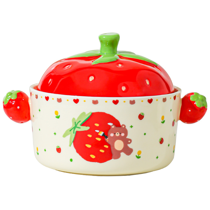 Cartoon Strawberry adorable tazón de fideos de chicas bolos de fideos caseros bolos de cerámica de doble oreja con cubierta cubierta de platos de regalo set de platos