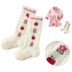 miki童襪 CS女童卡通蘋果花朵刺繡長筒襪兒童襪子寶寶中筒襪