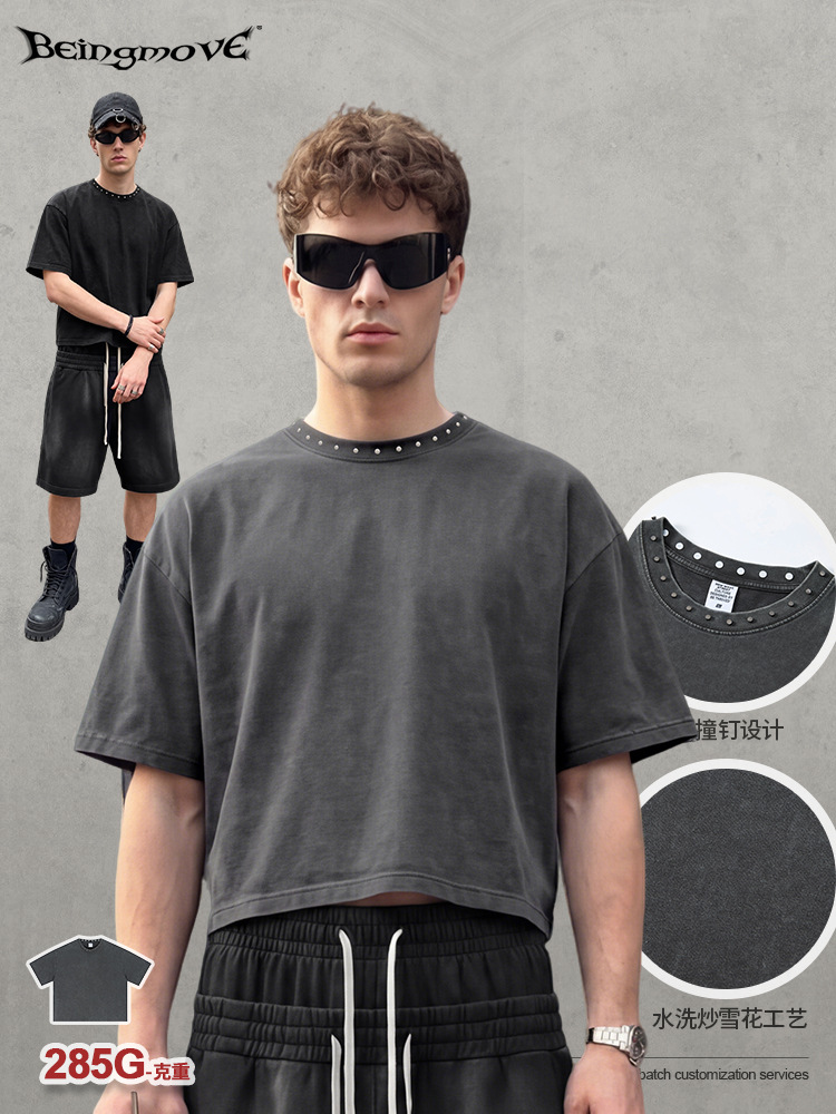 Calle secada| Primavera y verano retro europeo y americano hacer viejos clavos anchos cortos Boxy cuello redondo suelto camiseta de manga corta chaqueta de moda masculina