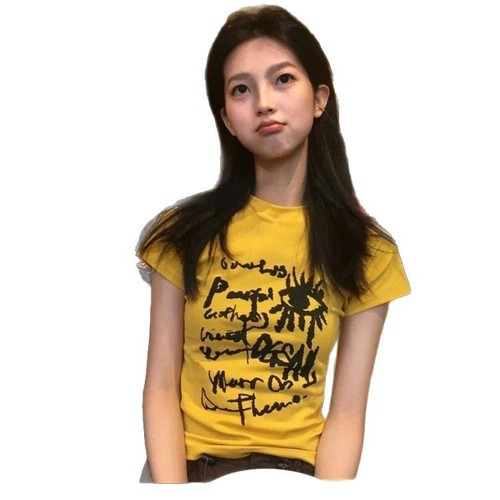 American Style Spicy Girl Dopamine Yellow Straight Shoulder Short Sleeve T-Shirt for Women - Summer 2025 New Arrival Slimming and Fitting Short Top