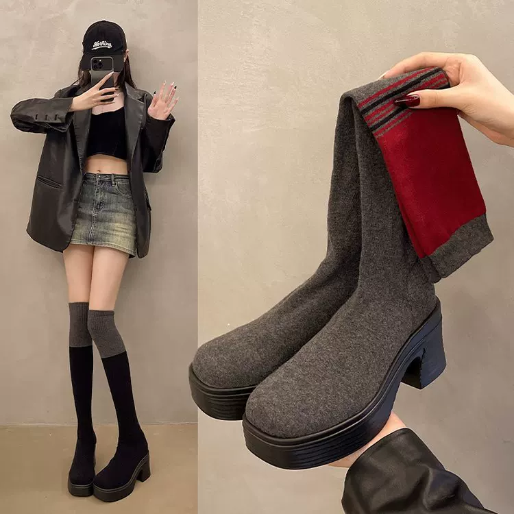 Demi-season high boots platform, elastic socks, plus size