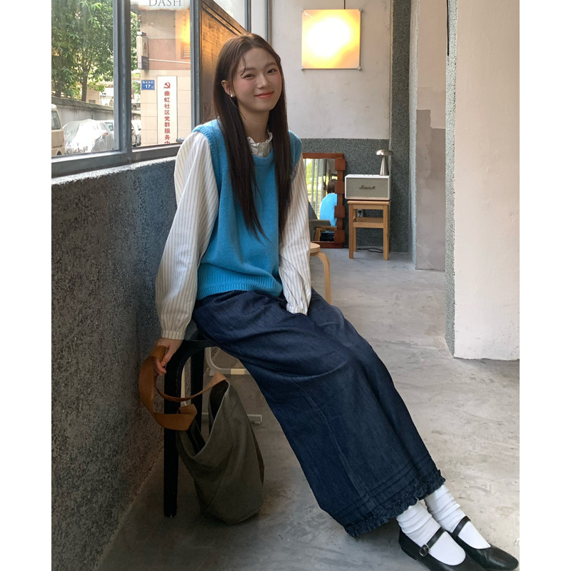 灰色条纹木耳花边领宽松百搭衬衫设计感蕾丝拼接刺绣打底上衣衬衣|undefined