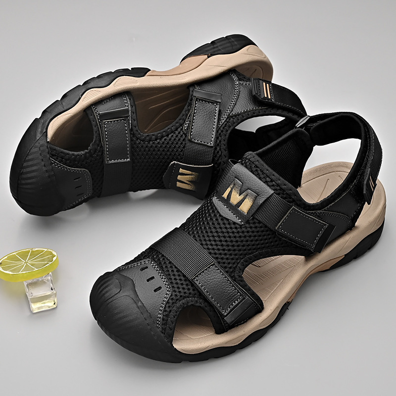 Cross-Border Large Size 46 Sandals for Men, New Summer Style Men's Genuine Leather Hollow Breathable Sandals, Outdoor Closed-Toe Beach Shoes for Men Cross-Border Large Size 46 Sandals for Men, New Summer Style Men's Genuine Leather Hollow Breathable Sandals, Outdoor Closed-Toe Beach Shoes for Men