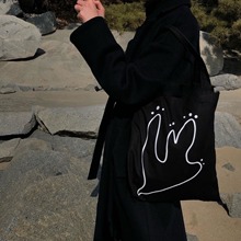 廠家直銷韓國小眾設計ins手繪塗鴉黑色日韓帆布包百搭白色環保袋