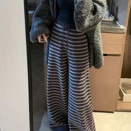 条纹休闲裤子抽绳加绒阔腿裤女秋冬季高腰针织加厚直筒裤垂感长裤