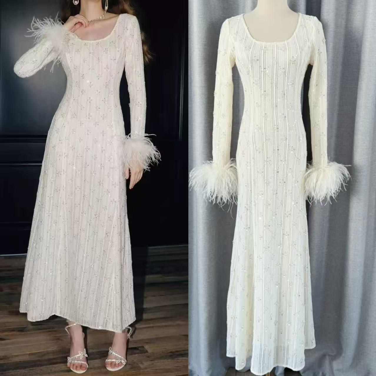 In Stock: New Autumn/Winter 25 Collection, Solid Color, High-End, Elegant Feather and Beaded Mid-Length Fishtail Dress