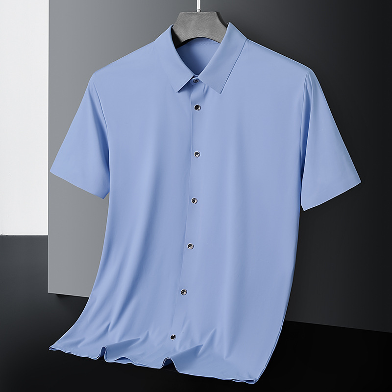 2024 Camisa casual de manga corta de negocios para hombre Camisa delgada sin costuras elásticas de seda de hielo de verano sin planchar para hombre