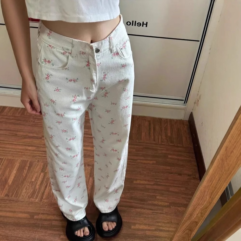 春夏美式白色碎花阔腿牛仔裤女水洗牛仔高腰宽松显瘦直筒拖地长裤