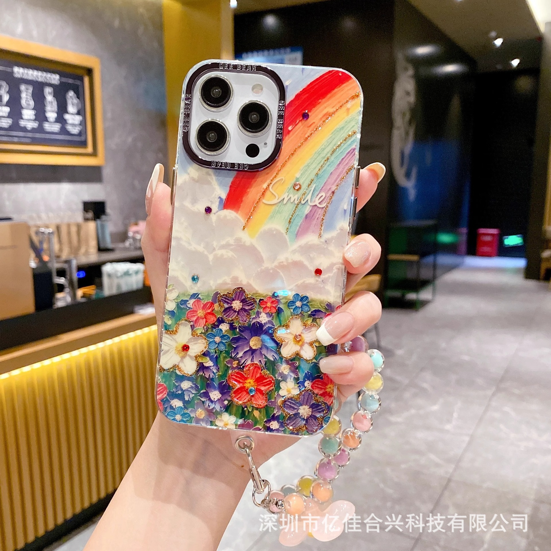 Marco metálico compatible con la funda del teléfono Apple 15, iPhone 17 Pro, resina azul claro, pintura al óleo de arcoíris, pulsera con diseño de flores
