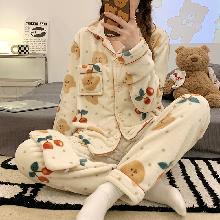 Rayas yugui perro pijamas de franela las mujeres japonés otoño y el invierno cardigan manga larga con máscara ojos dibujos animados homewear caliente conjunto