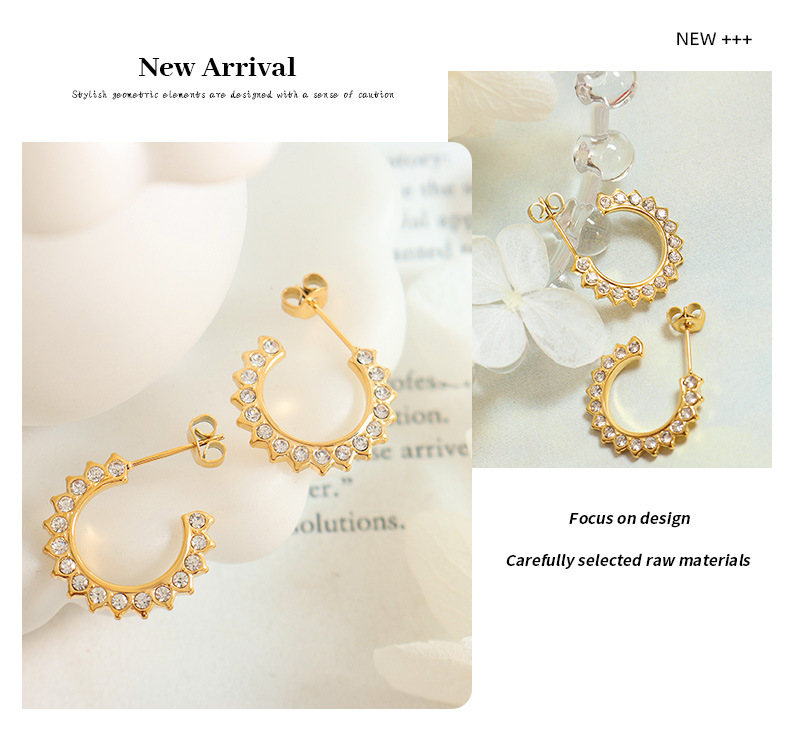 Fashion C Shape Titanium Steel Plating Zircon Ear Studs 1 Pair