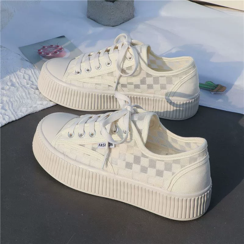 Сетчатые парусиновые туфли, женские дышащие, 2023, летние новые тонкие универсальные туфли на толстой подошве в Корейском стиле, модные белые туфли для досок