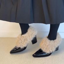 韩系一脚蹬毛毛高跟鞋女2025新款冬季加绒保暖女鞋高级感尖头单鞋