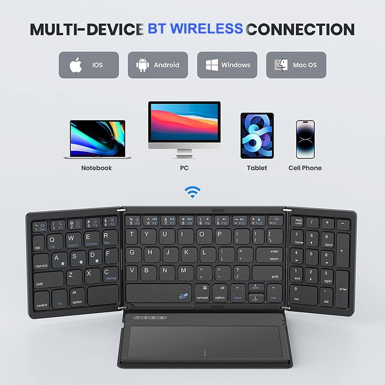Portable leather three-fold folding thin wireless bluetooth keyboard three-system with touch office gift factory direct supply