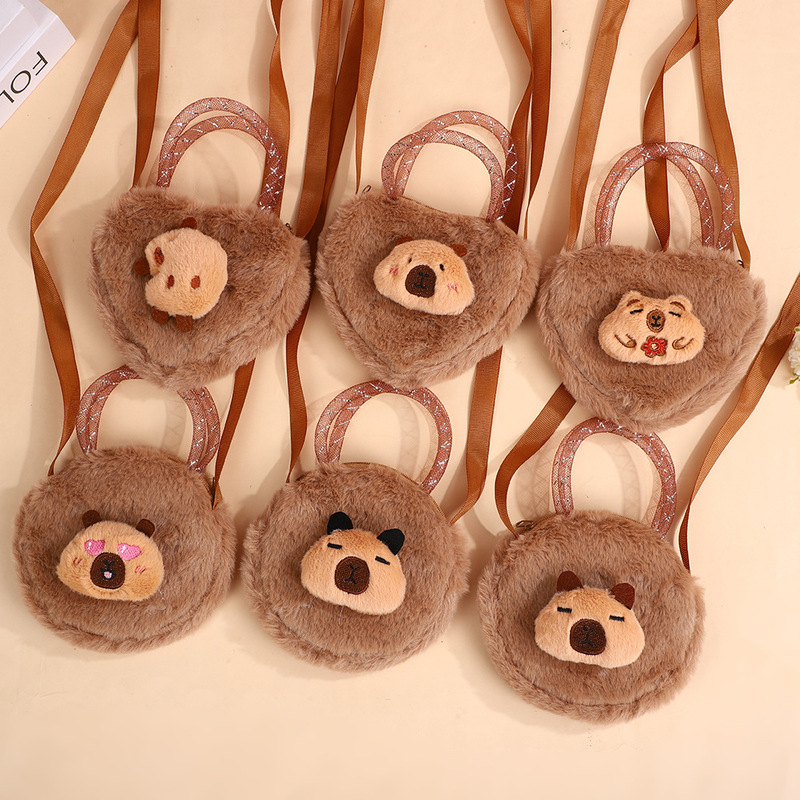 Plush Capibara Kindergarten Girls' Single Shoulder Crossbody Handbag Makeup Storage Data Cable Coin Purse Plush Cartoon Plush Capibara Kindergarten Girls' Single Shoulder Crossbody Handbag Makeup Storage Data Cable Coin Purse Plush Cartoon