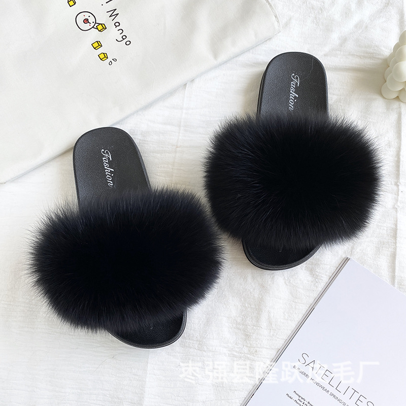 Amazon transfronterizo zapatillas de pelo de zorro real zapatillas de pelo de fondo plano zapatillas de pelo de mujer zapatillas de pelo de verano nuevas exportaciones