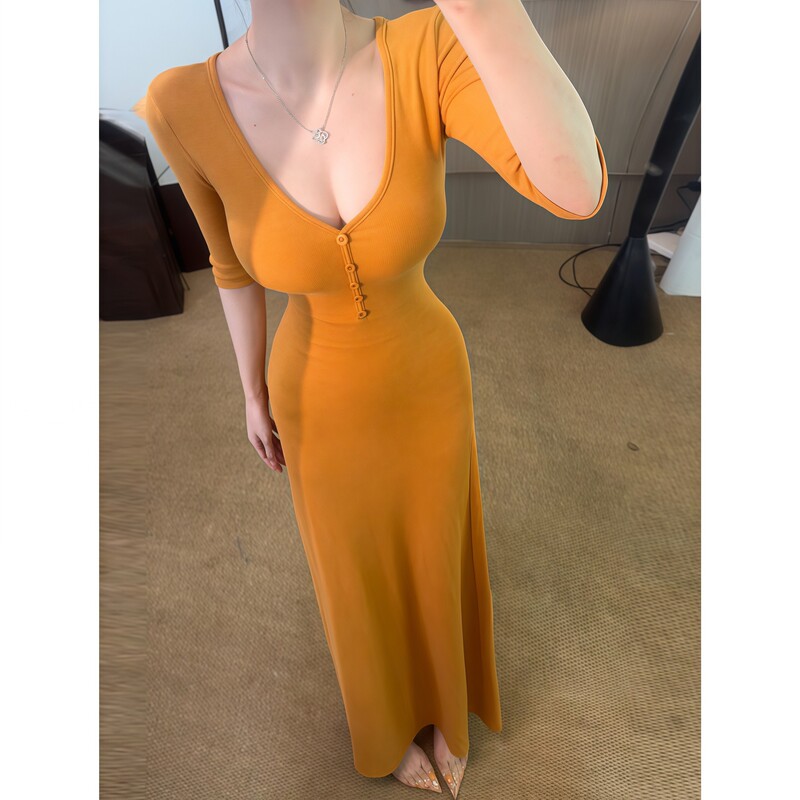 Relaxed Sun-Kissed V-Neck Mid-Sleeve Elegant Slim-Fit Stretchy Long Dress with a Pure and Alluring Style, Waist-Cinching Design That Accentuates the Figure